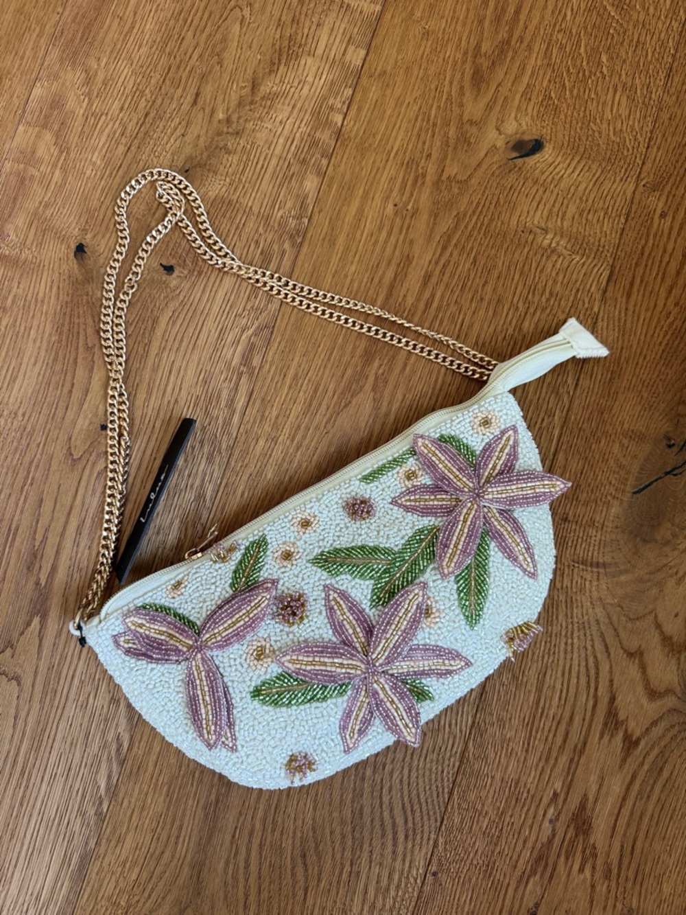 Lulu's Cream Beaded Floral Purse with Pink and Green Accents